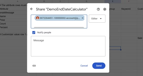 Ensure you gave google access to your sheet by copying the email address provided and going to your sheet and hit share. Enter the email address and hit share.
