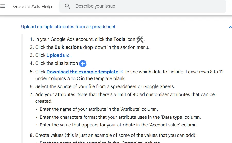 Google provides a template for uploading ad customizers that generates an error