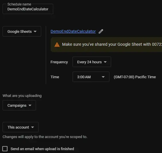 Configure your scheduled ad customizer upload. 