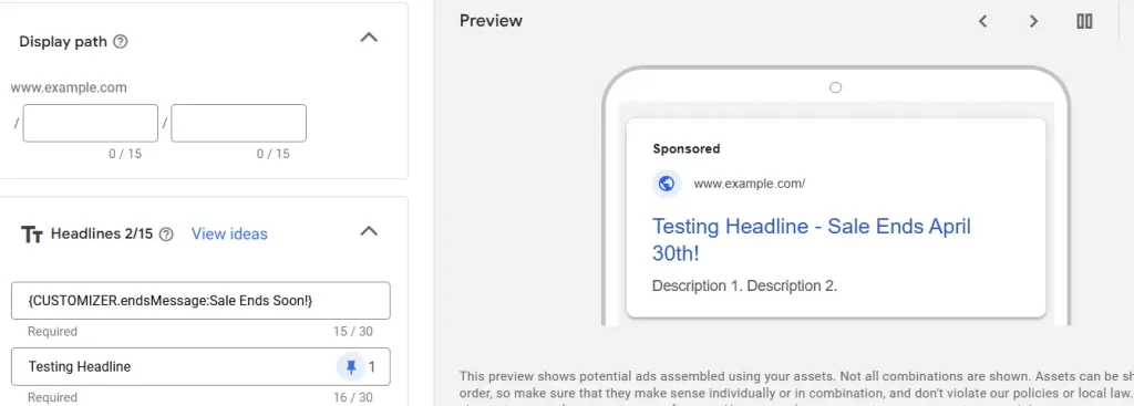 You can test your ad customizer by adding the correct code in one of the headline fields. Pin it to a top position so you can see it in the ad preview.