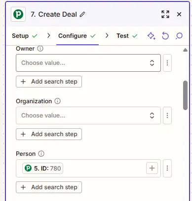 Connect a deal to a person in Pipedrive during deal creation in Zapier