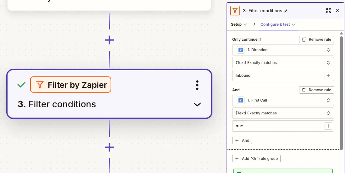 Filter for inbound first time callers using Zapier filter function