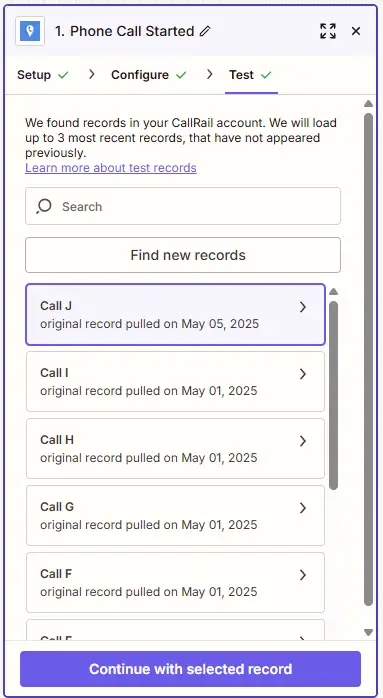 Testing CallRail to Zapier connection