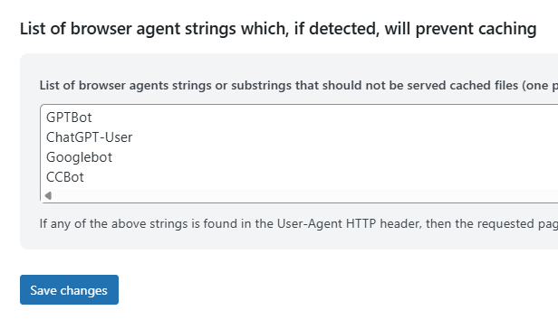 WP Optimize browser agent cache exclusion section